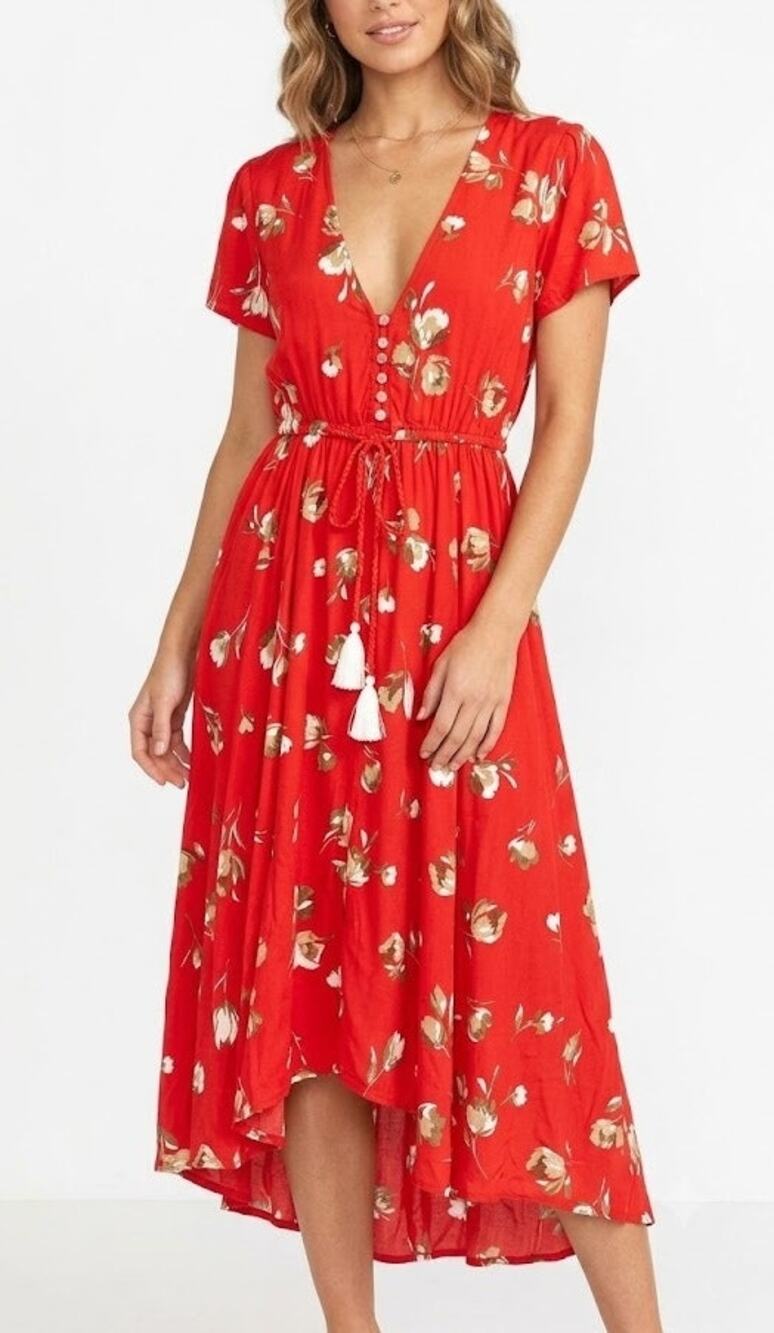 KIVARI Kivari Red Floral High Low Boho Dress Size M NWT